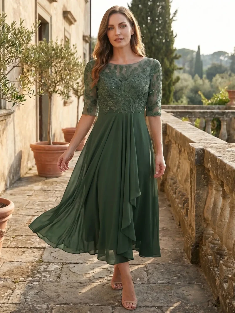 Women's Elegant Lace Midi Evening Dress | Flattering Flowing Skirt