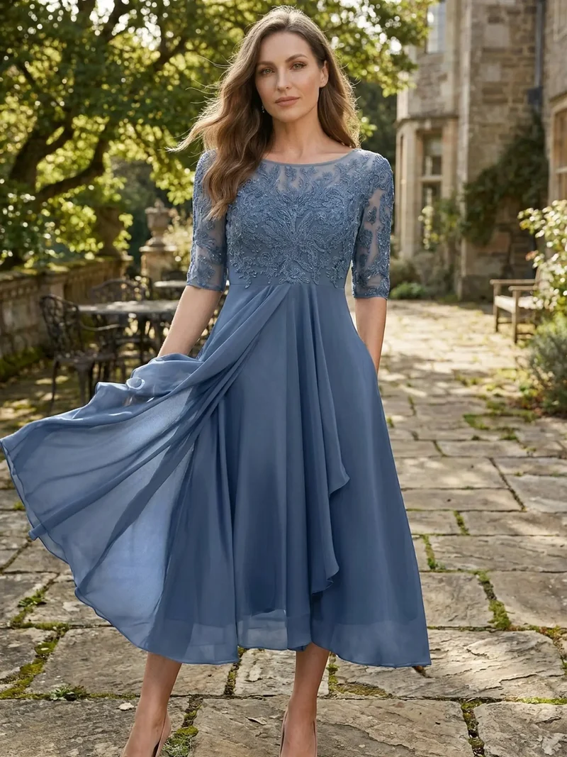Women's Elegant Lace Midi Evening Dress | Flattering Flowing Skirt