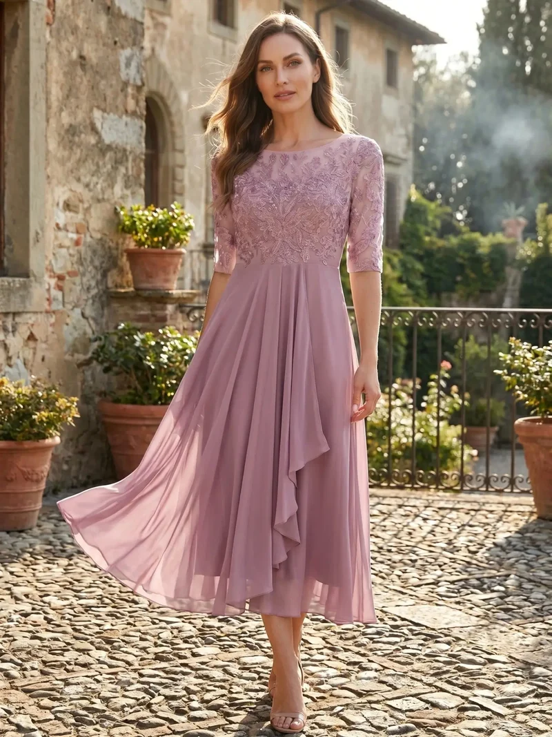 Women's Elegant Lace Midi Evening Dress | Flattering Flowing Skirt