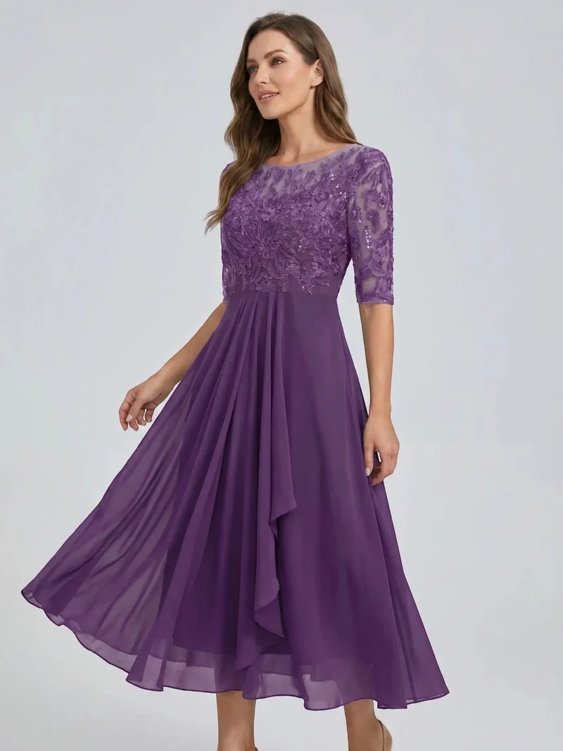 Women's Elegant Lace Midi Evening Dress | Flattering Flowing Skirt