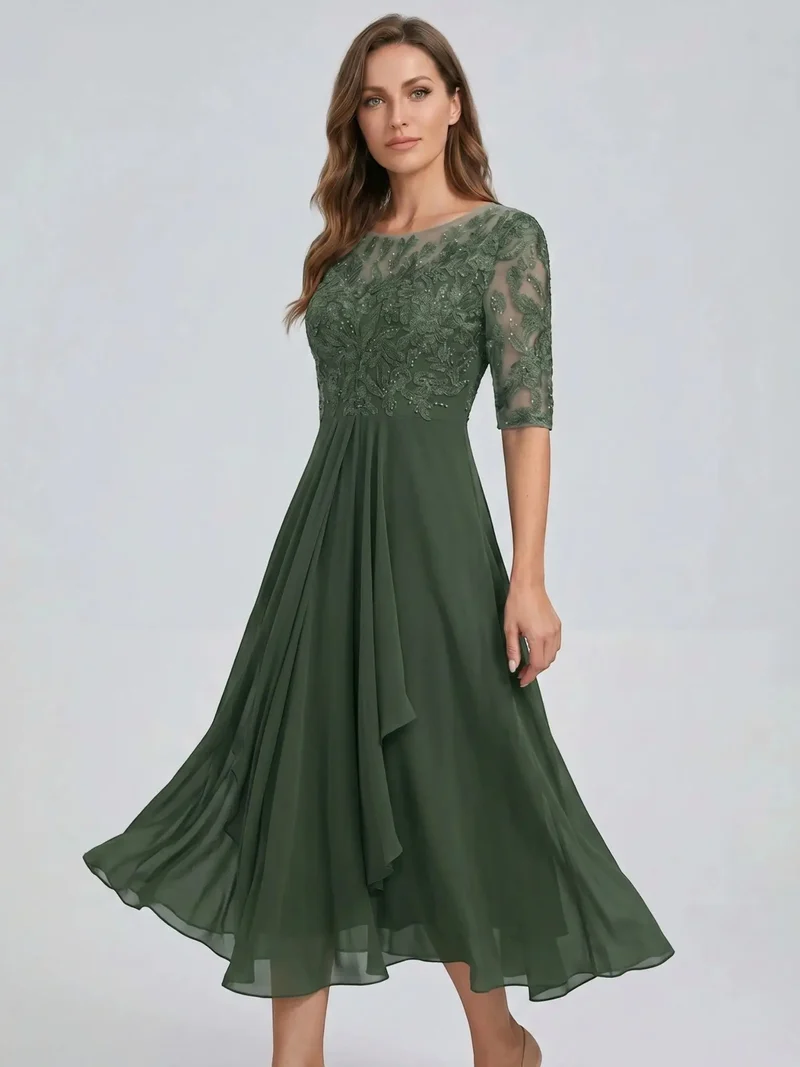 Women's Elegant Lace Midi Evening Dress | Flattering Flowing Skirt