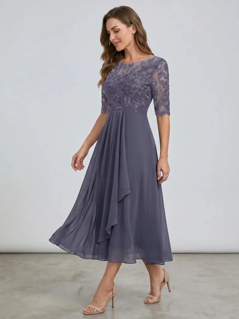 Women's Elegant Lace Midi Evening Dress | Flattering Flowing Skirt