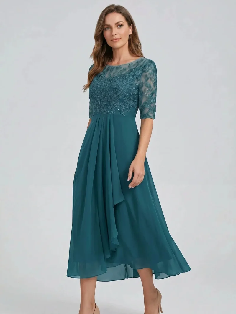 Women's Elegant Lace Midi Evening Dress | Flattering Flowing Skirt
