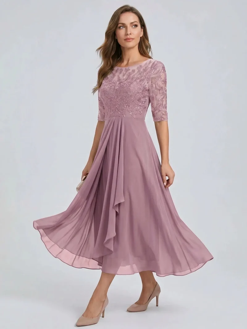 Women's Elegant Lace Midi Evening Dress | Flattering Flowing Skirt