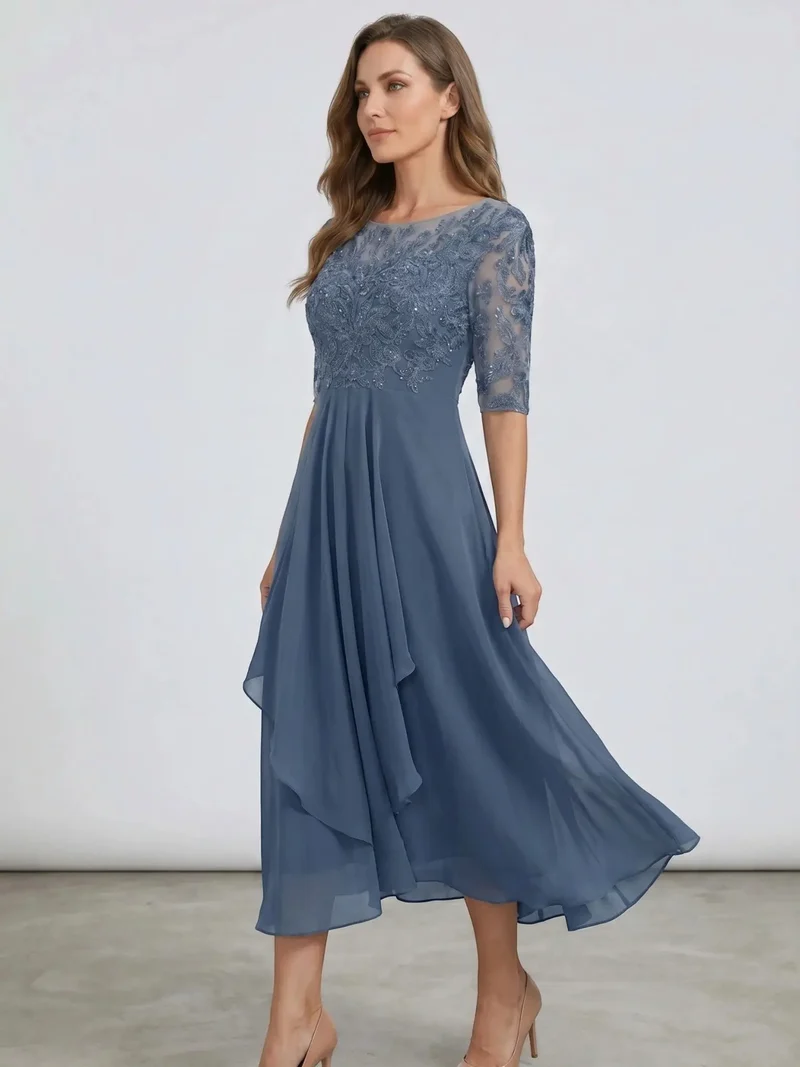 Women's Elegant Lace Midi Evening Dress | Flattering Flowing Skirt