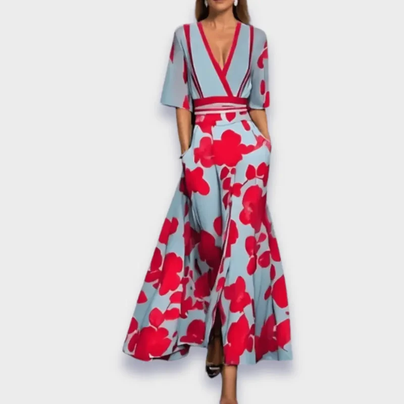 Women's Floral Print Maxi Dress | Elegant V-Neck Summer Gown