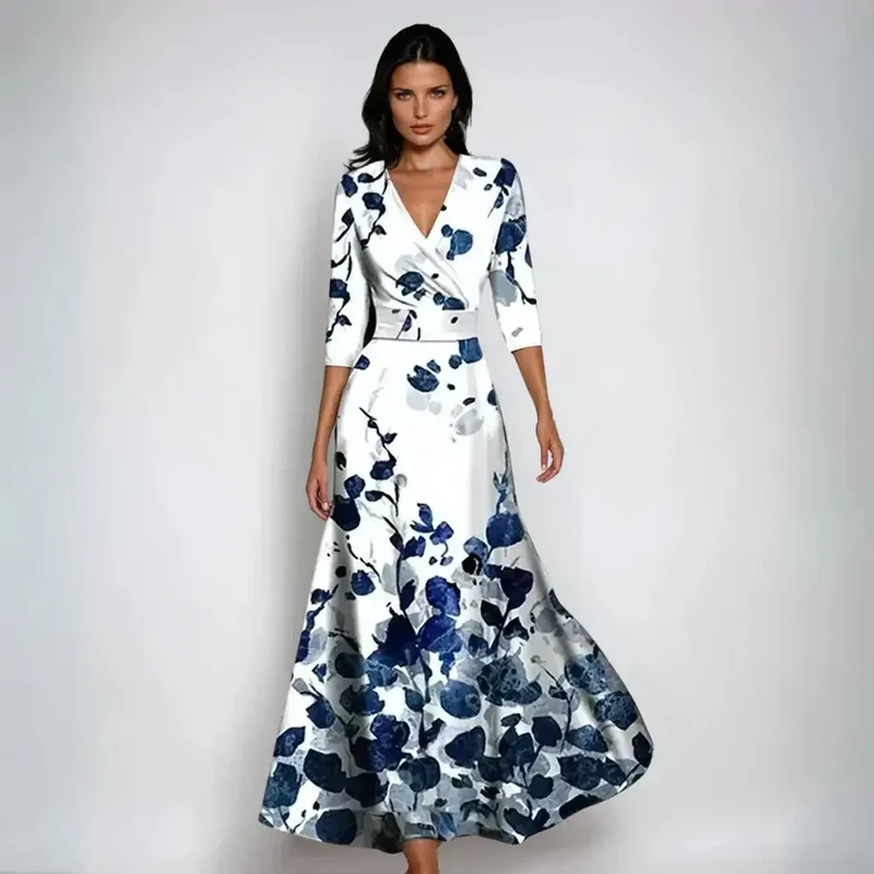 Women's Floral Print Maxi Dress | Elegant V-Neck Summer Gown