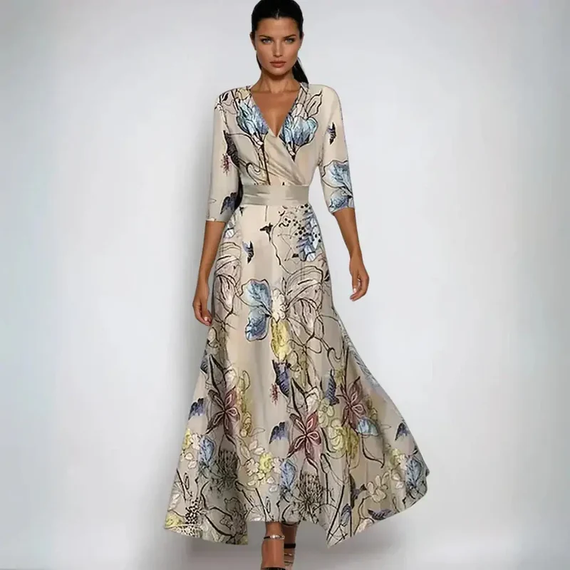 Women's Floral Print Maxi Dress | Elegant V-Neck Summer Gown