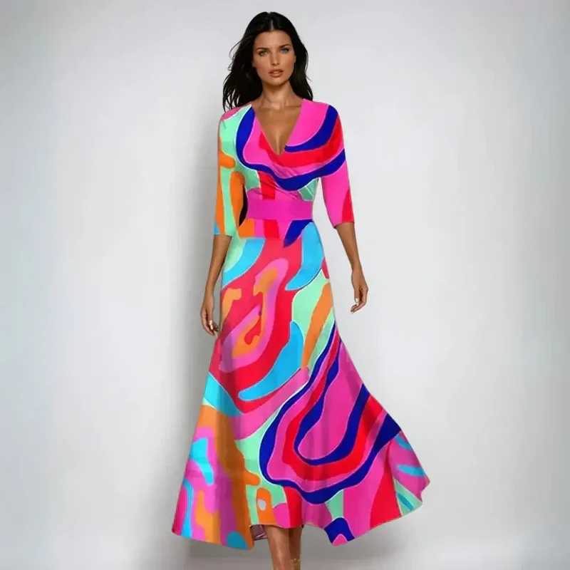 Women's Floral Print Maxi Dress | Elegant V-Neck Summer Gown