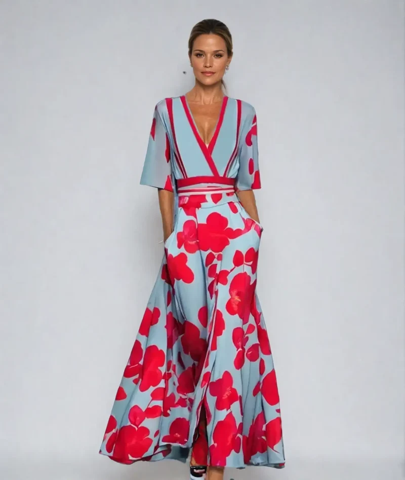 Women's Floral Print Maxi Dress | Elegant V-Neck Summer Gown