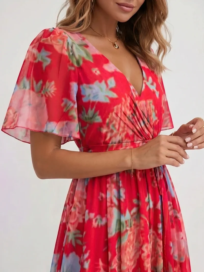Women's Lightweight Floral Wrap Midi Dress | Elegant Flutter Sleeve Design