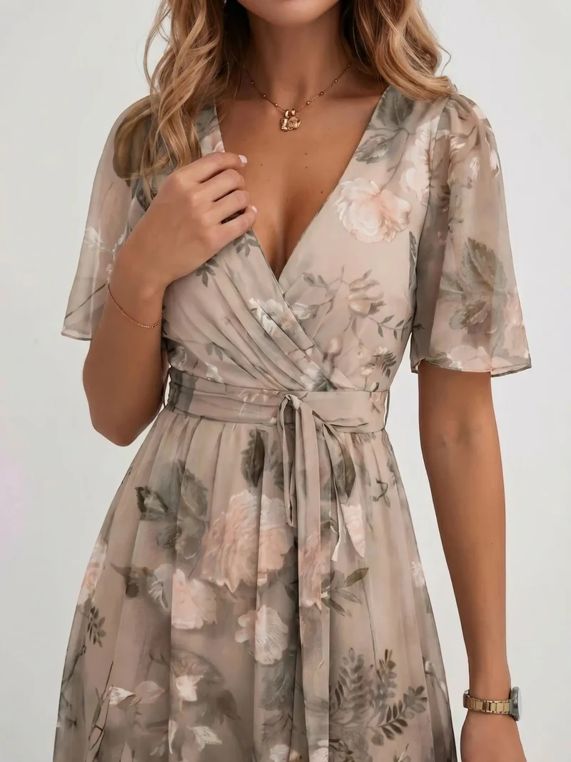 Women's Lightweight Floral Wrap Midi Dress | Elegant Flutter Sleeve Design