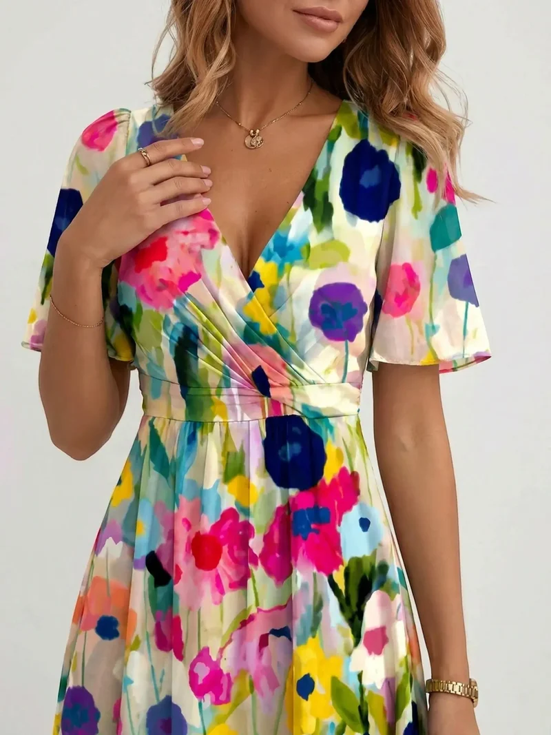 Women's Lightweight Floral Wrap Midi Dress | Elegant Flutter Sleeve Design