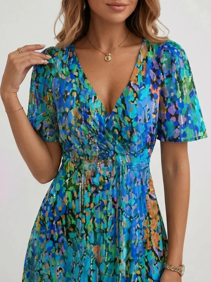 Women's Lightweight Floral Wrap Midi Dress | Elegant Flutter Sleeve Design