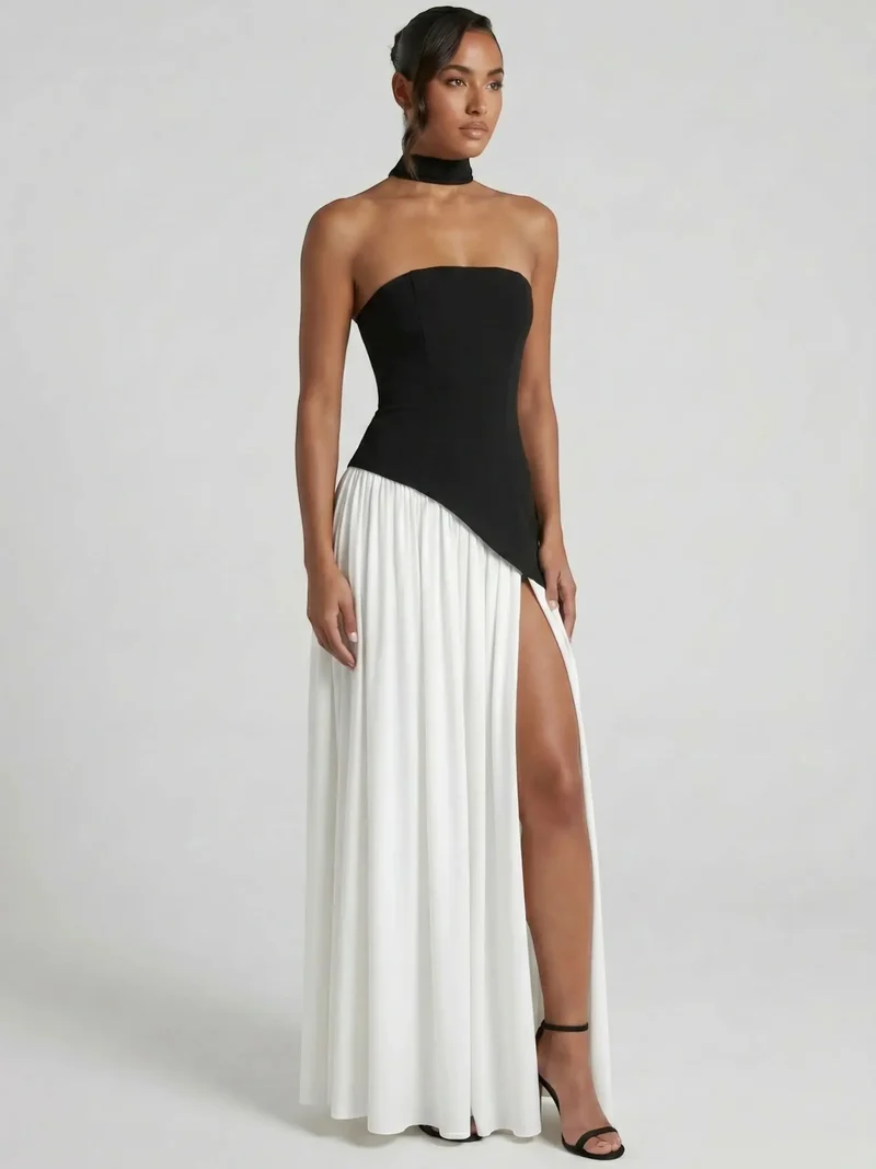 Women's Elegant Chiffon Evening Dress | Strapless Floor-Length Formal Gown with Scarf Detail