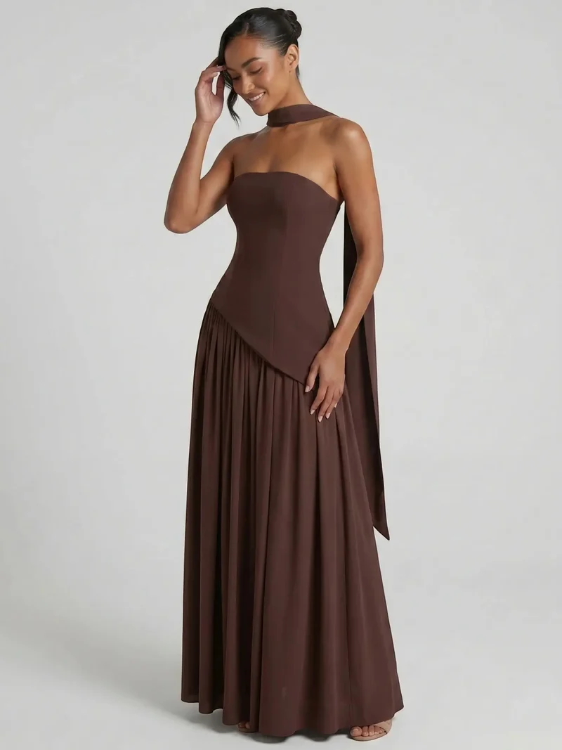 Women's Elegant Chiffon Evening Dress | Strapless Floor-Length Formal Gown with Scarf Detail