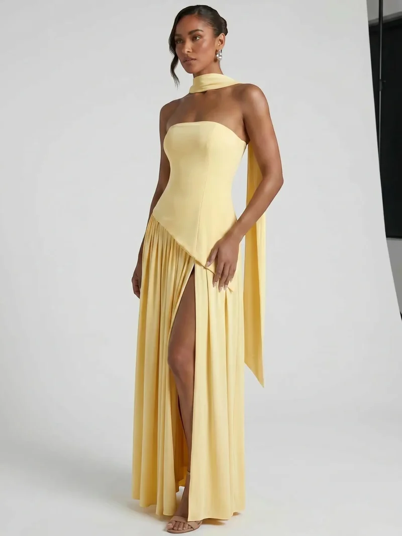 Women's Elegant Chiffon Evening Dress | Strapless Floor-Length Formal Gown with Scarf Detail
