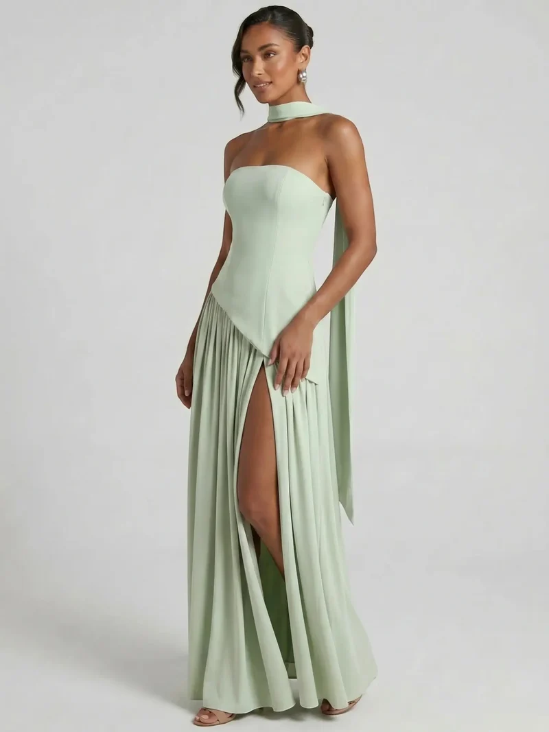 Women's Elegant Chiffon Evening Dress | Strapless Floor-Length Formal Gown with Scarf Detail