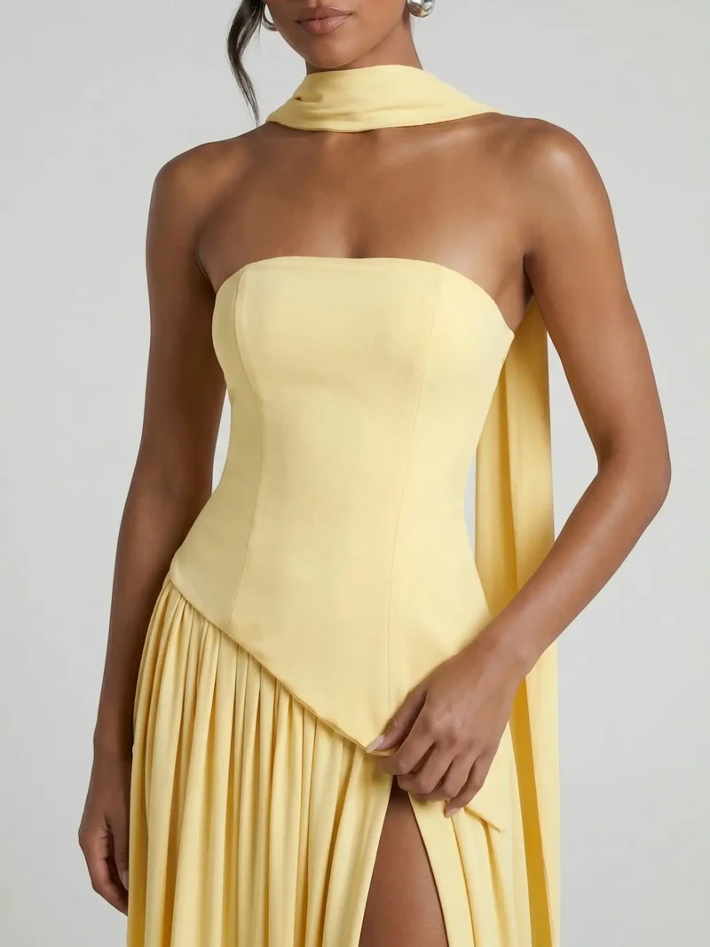 Women's Elegant Chiffon Evening Dress | Strapless Floor-Length Formal Gown with Scarf Detail