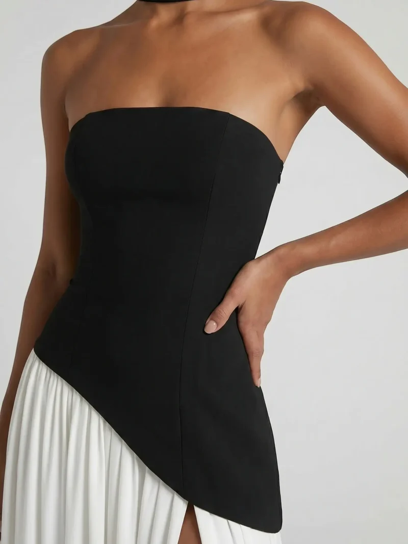 Women's Elegant Chiffon Evening Dress | Strapless Floor-Length Formal Gown with Scarf Detail