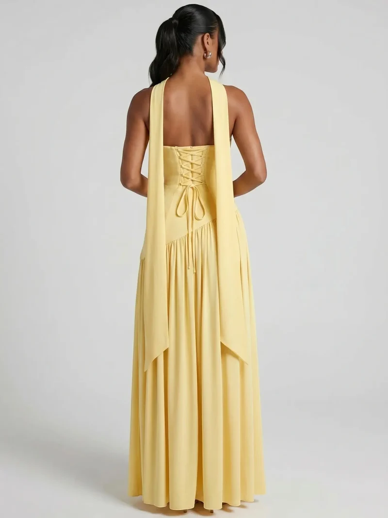 Women's Elegant Chiffon Evening Dress | Strapless Floor-Length Formal Gown with Scarf Detail