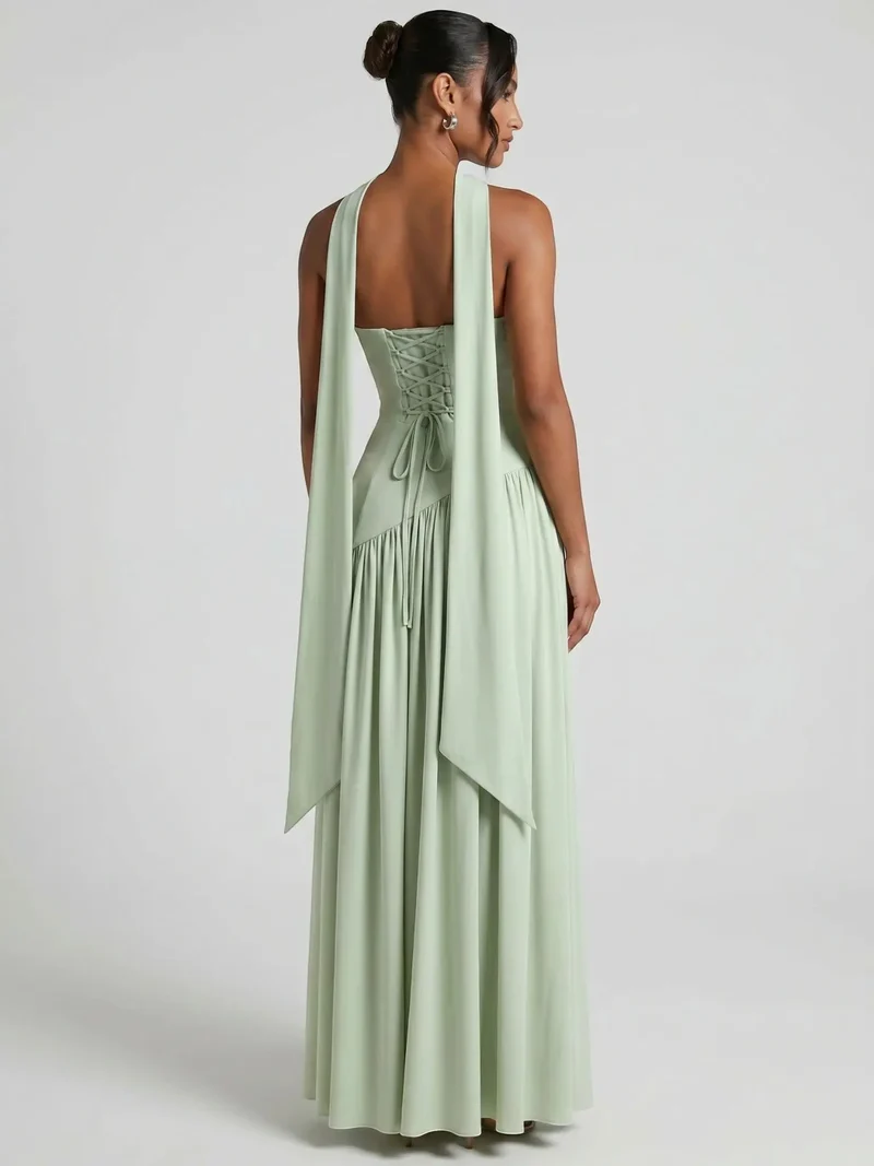 Women's Elegant Chiffon Evening Dress | Strapless Floor-Length Formal Gown with Scarf Detail