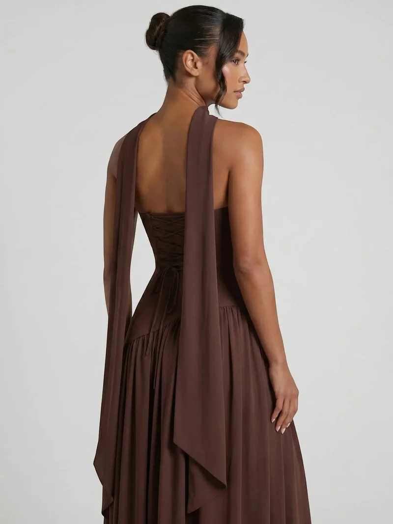 Women's Elegant Chiffon Evening Dress | Strapless Floor-Length Formal Gown with Scarf Detail