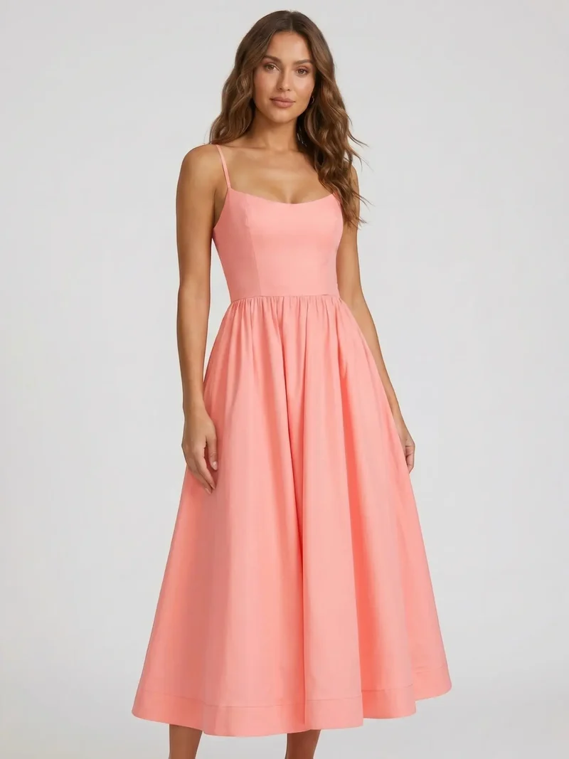 Women's Elegant Flared Midi Dress | Formal Wedding Guest Attire with Square Neckline