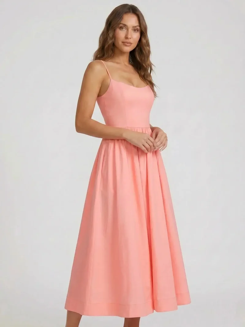 Women's Elegant Flared Midi Dress | Formal Wedding Guest Attire with Square Neckline