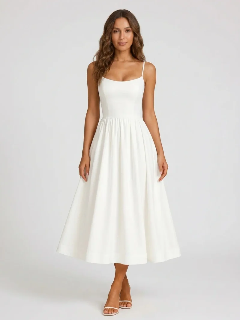 Women's Elegant Flared Midi Dress | Formal Wedding Guest Attire with Square Neckline