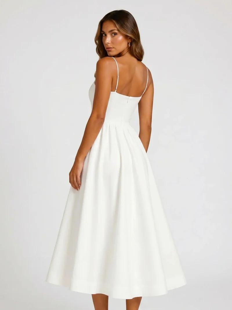 Women's Elegant Flared Midi Dress | Formal Wedding Guest Attire with Square Neckline