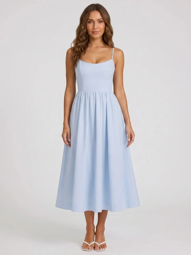 Women's Elegant Flared Midi Dress | Formal Wedding Guest Attire with Square Neckline