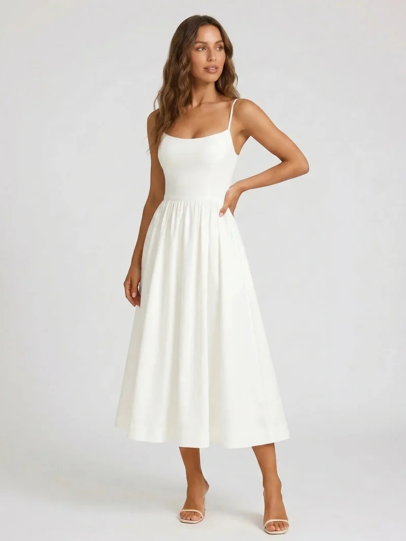 Women's Elegant Flared Midi Dress | Formal Wedding Guest Attire with Square Neckline