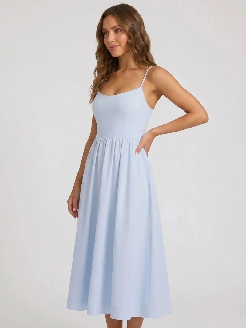 Women's Elegant Flared Midi Dress | Formal Wedding Guest Attire with Square Neckline