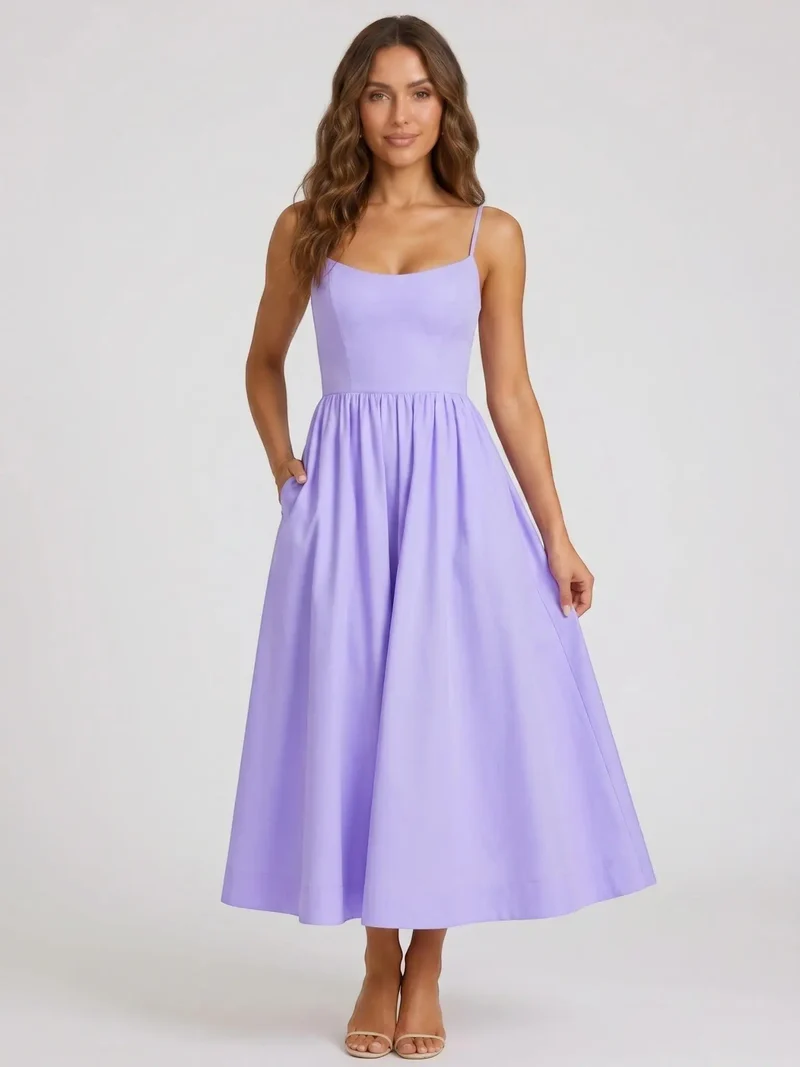 Women's Elegant Flared Midi Dress | Formal Wedding Guest Attire with Square Neckline