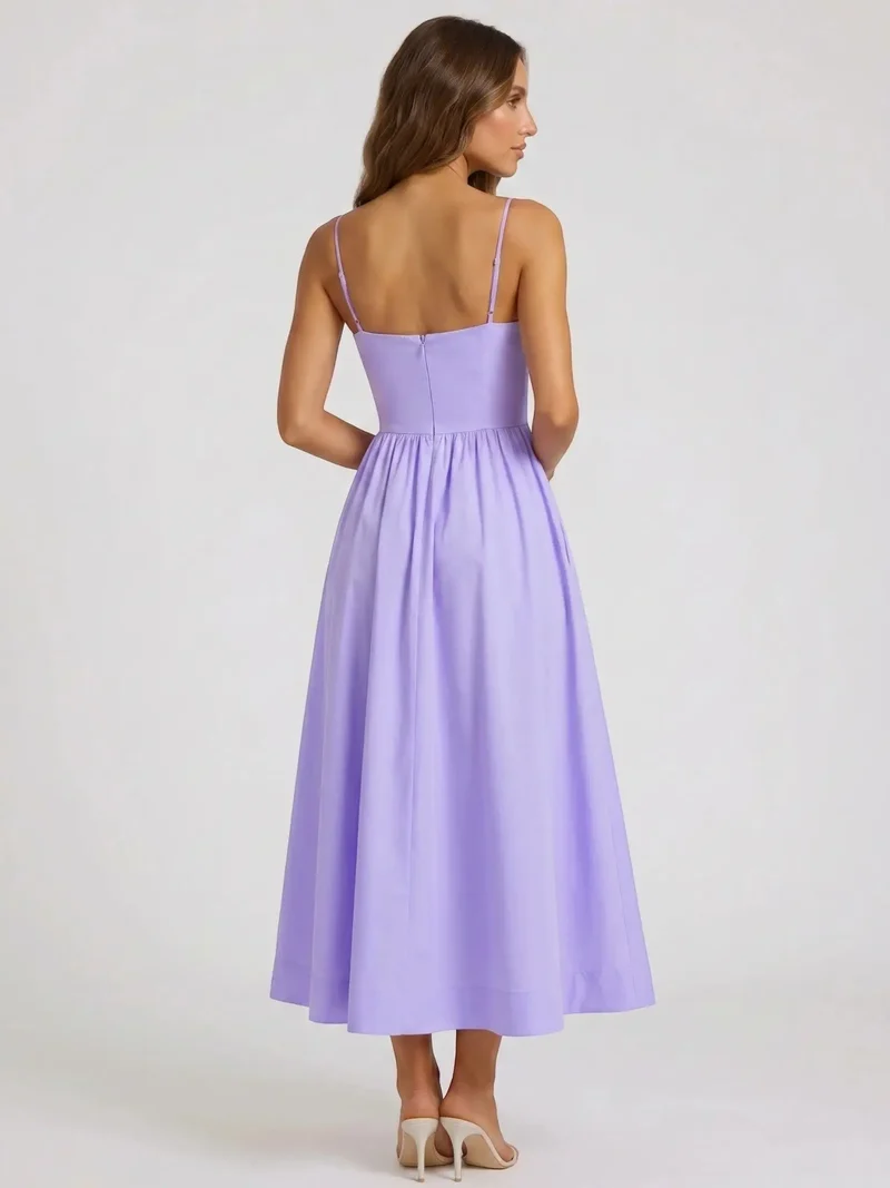 Women's Elegant Flared Midi Dress | Formal Wedding Guest Attire with Square Neckline
