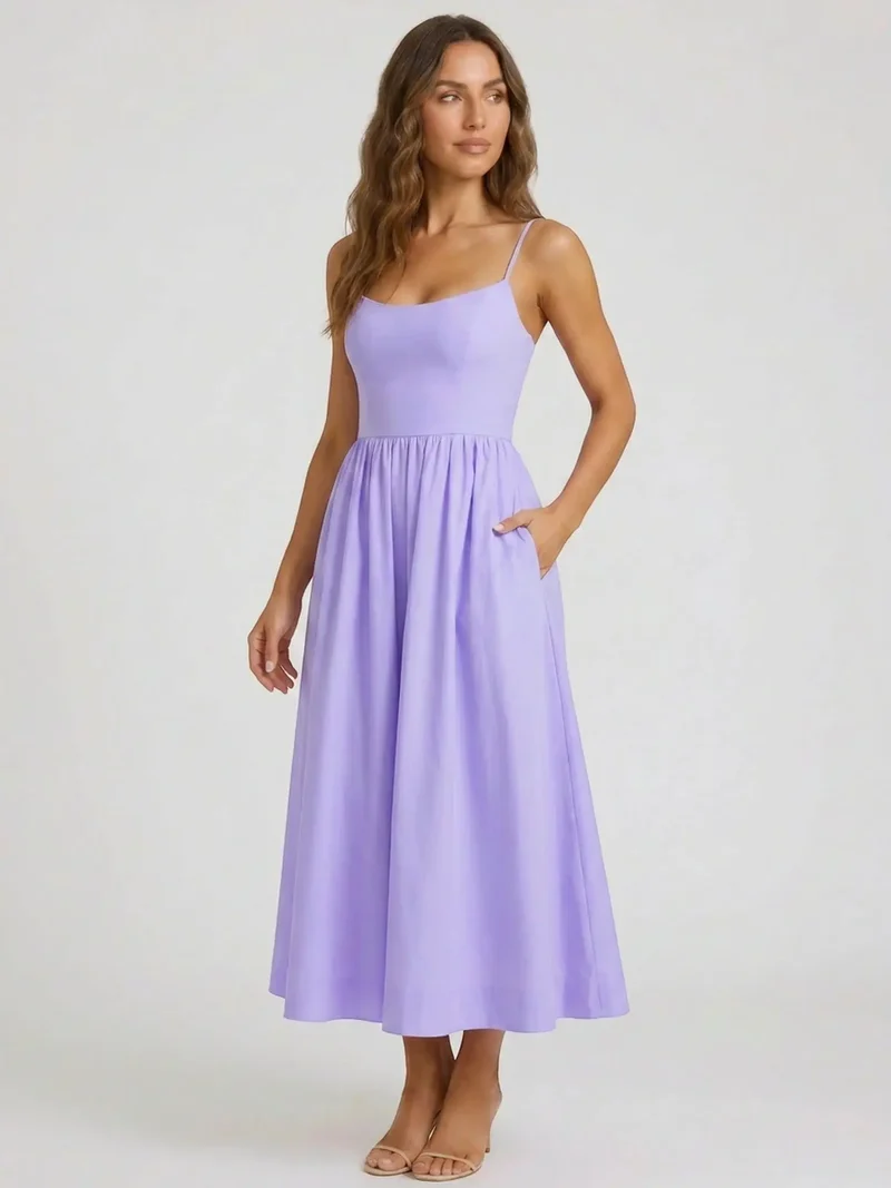 Women's Elegant Flared Midi Dress | Formal Wedding Guest Attire with Square Neckline