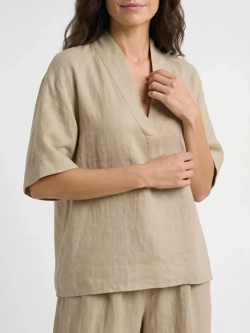 Women's Breathable Linen Loungewear Set | Elegant V-Neck Top with Flowing Trousers
