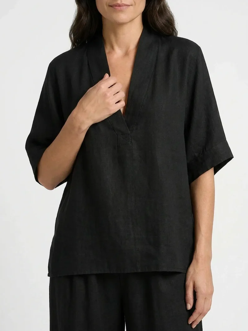 Women's Breathable Linen Loungewear Set | Elegant V-Neck Top with Flowing Trousers