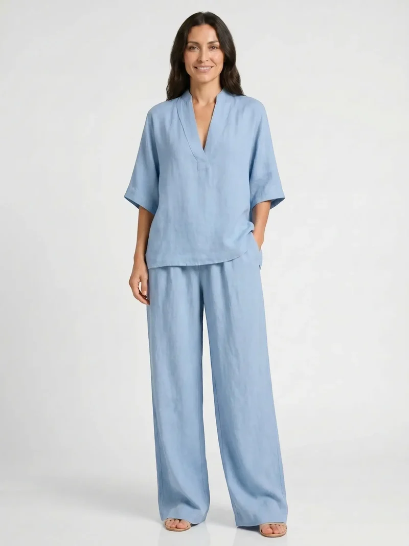 Women's Breathable Linen Loungewear Set | Elegant V-Neck Top with Flowing Trousers