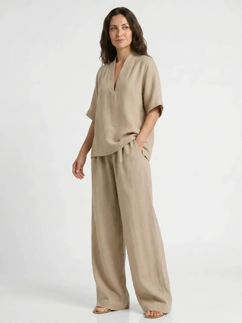 Women's Breathable Linen Loungewear Set | Elegant V-Neck Top with Flowing Trousers