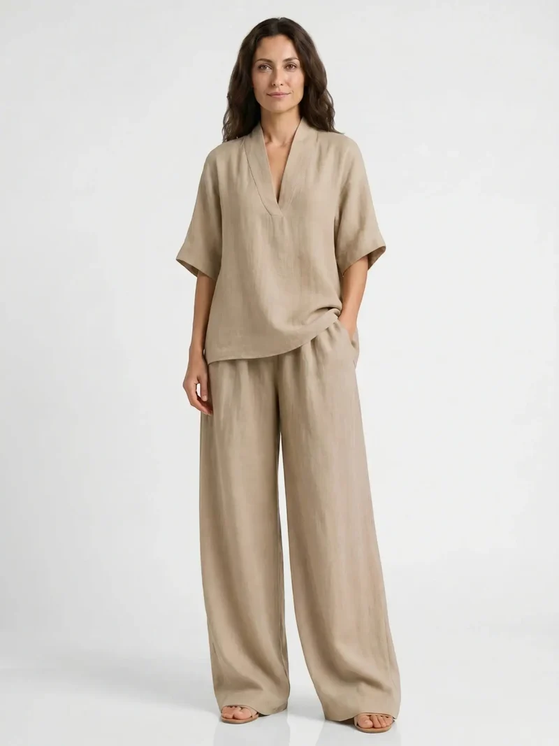 Women's Breathable Linen Loungewear Set | Elegant V-Neck Top with Flowing Trousers