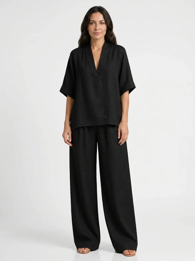 Women's Breathable Linen Loungewear Set | Elegant V-Neck Top with Flowing Trousers