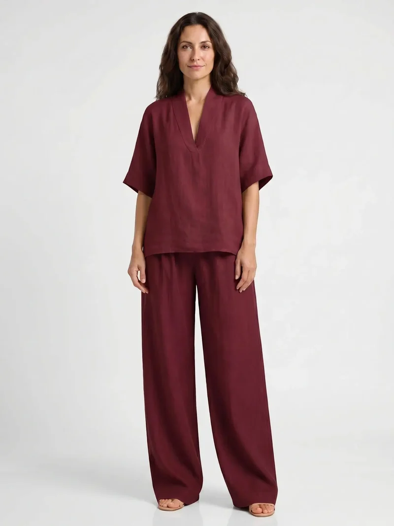 Women's Breathable Linen Loungewear Set | Elegant V-Neck Top with Flowing Trousers