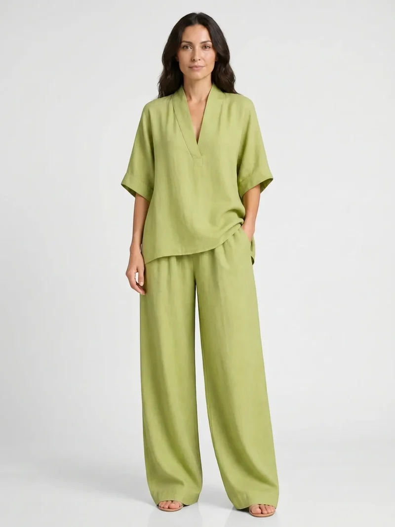 Women's Breathable Linen Loungewear Set | Elegant V-Neck Top with Flowing Trousers