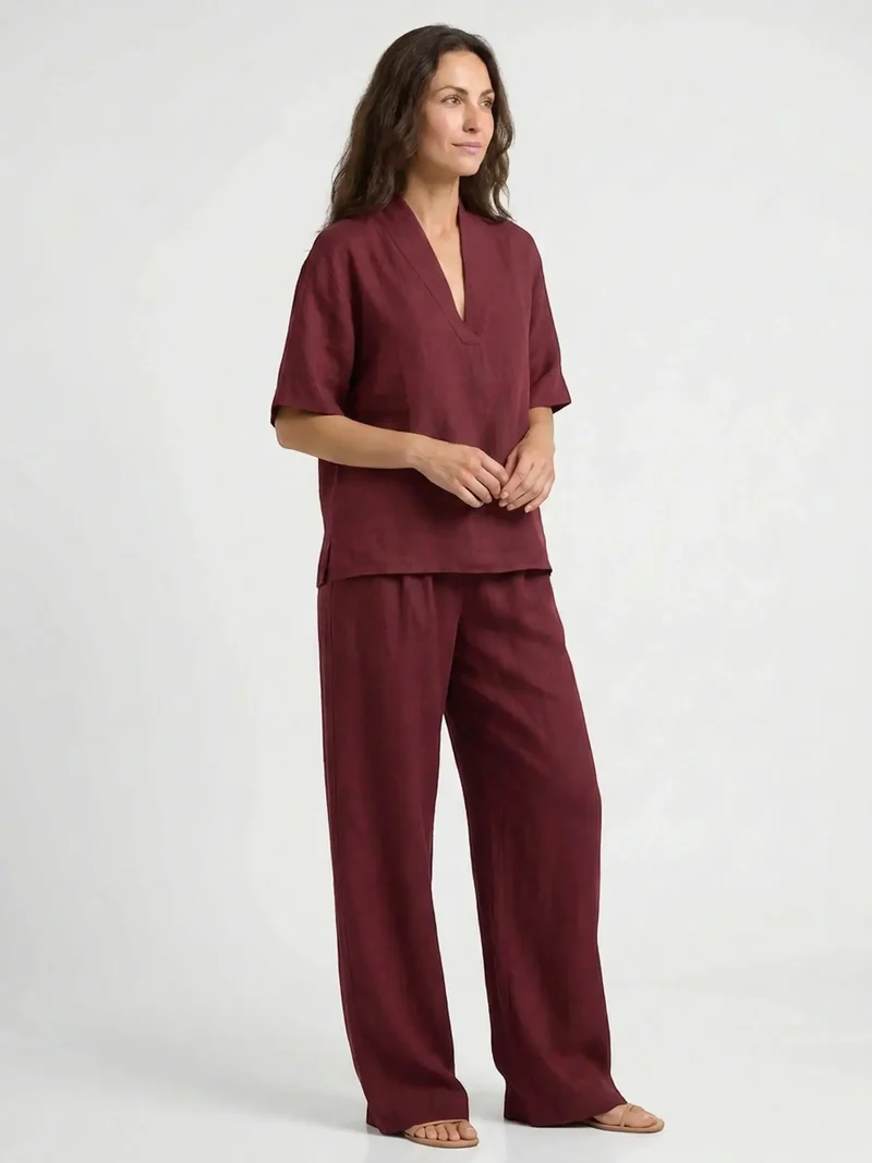 Women's Breathable Linen Loungewear Set | Elegant V-Neck Top with Flowing Trousers