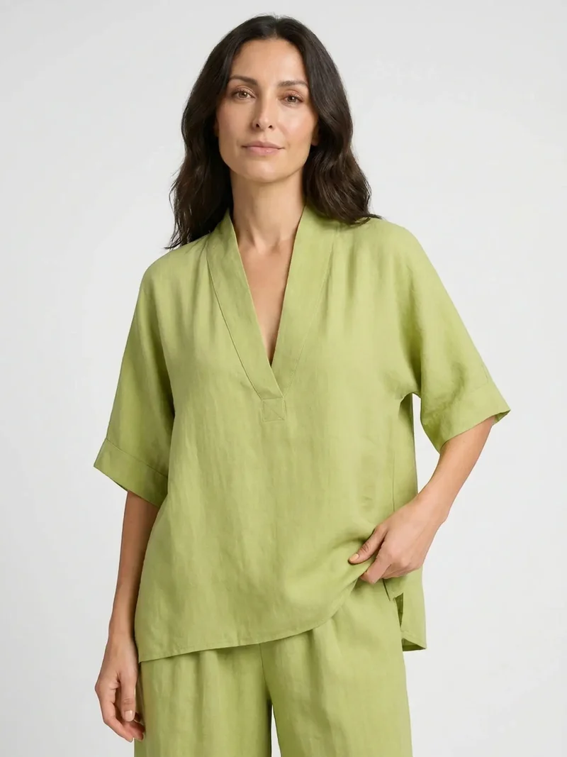 Women's Breathable Linen Loungewear Set | Elegant V-Neck Top with Flowing Trousers