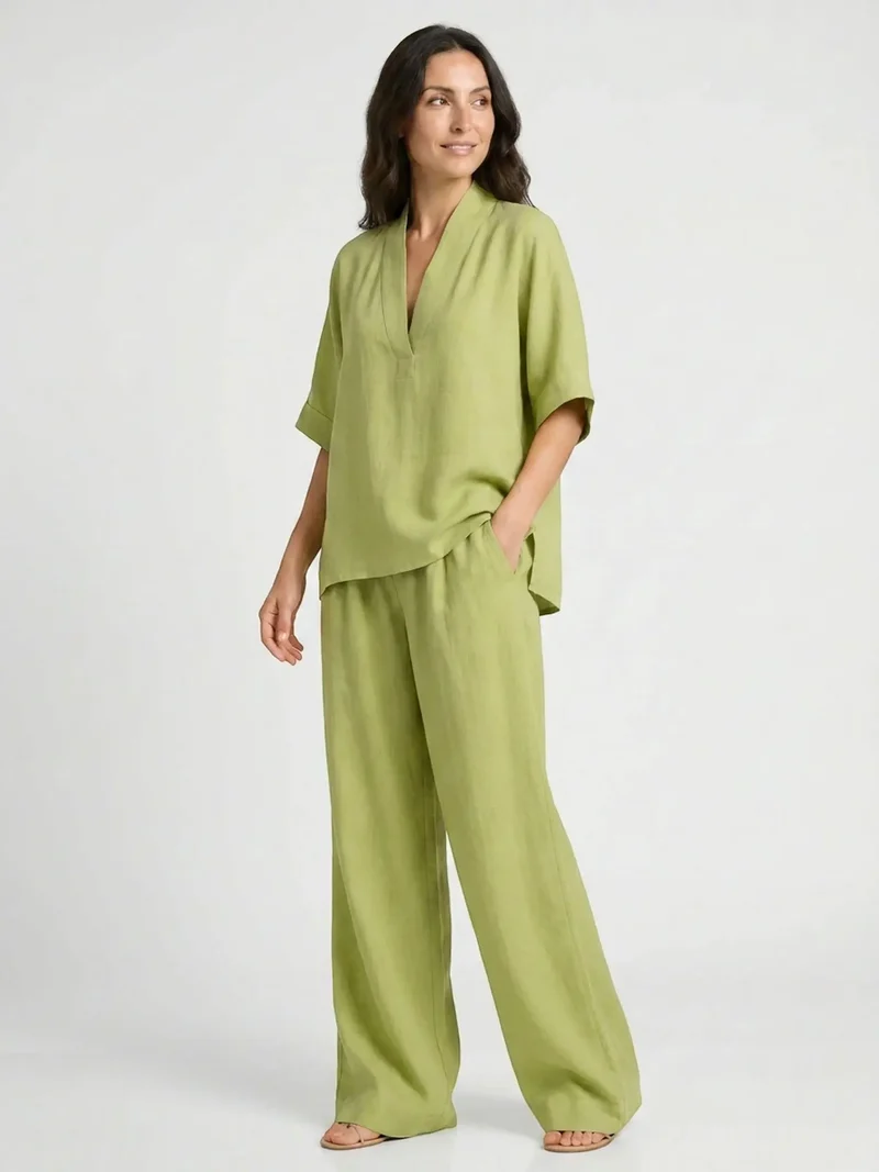 Women's Breathable Linen Loungewear Set | Elegant V-Neck Top with Flowing Trousers