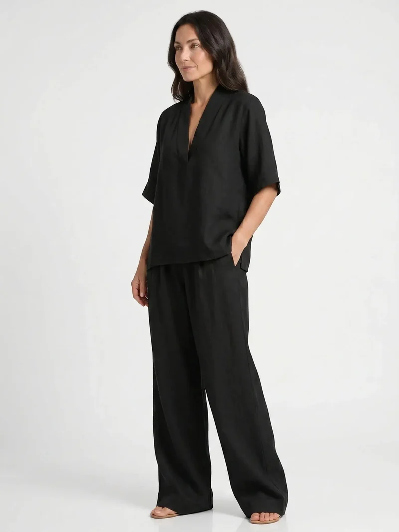 Women's Breathable Linen Loungewear Set | Elegant V-Neck Top with Flowing Trousers