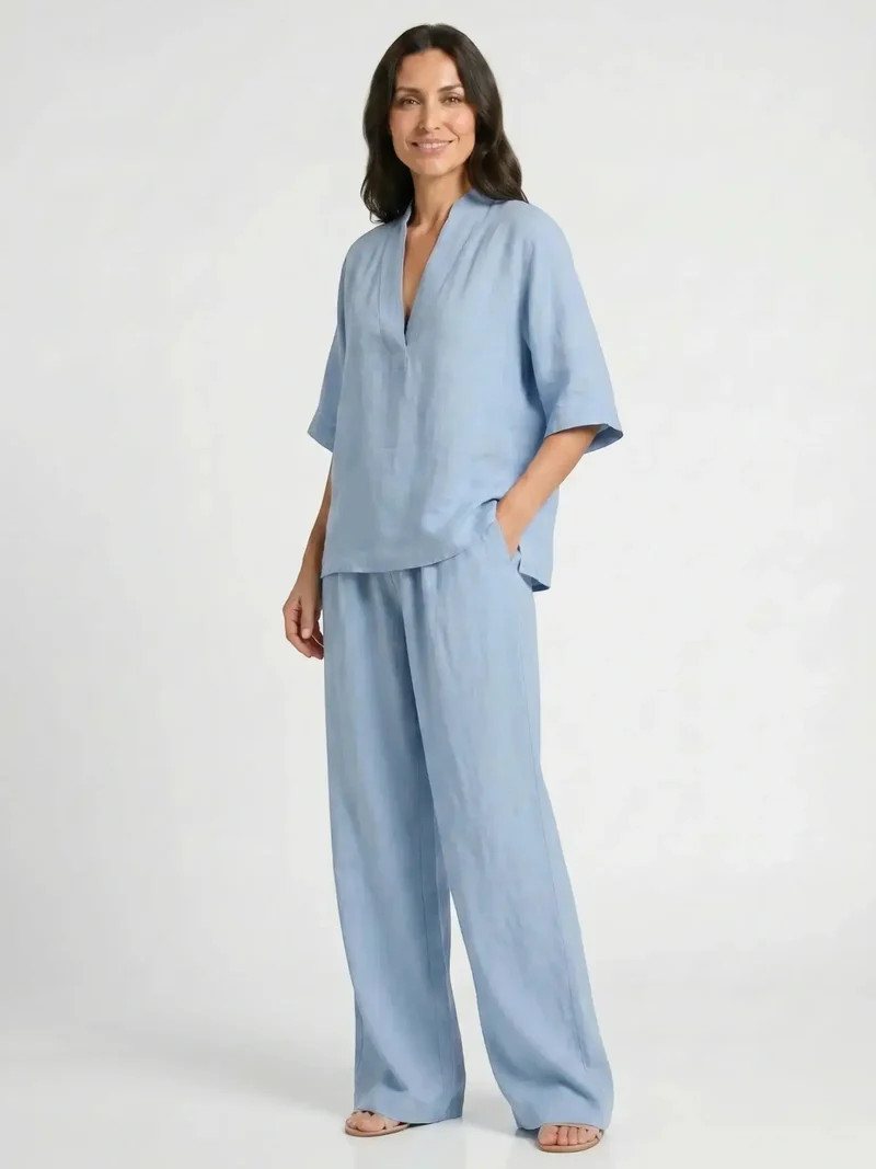 Women's Breathable Linen Loungewear Set | Elegant V-Neck Top with Flowing Trousers